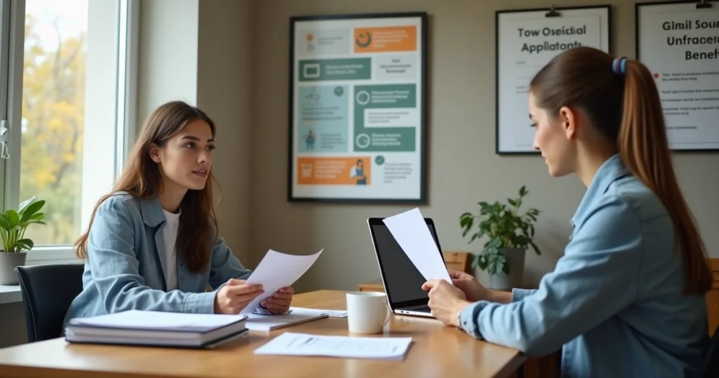 Mesa de atendimento social com profissional explicando benefícios do governo para desempregados a uma mulher com documentos