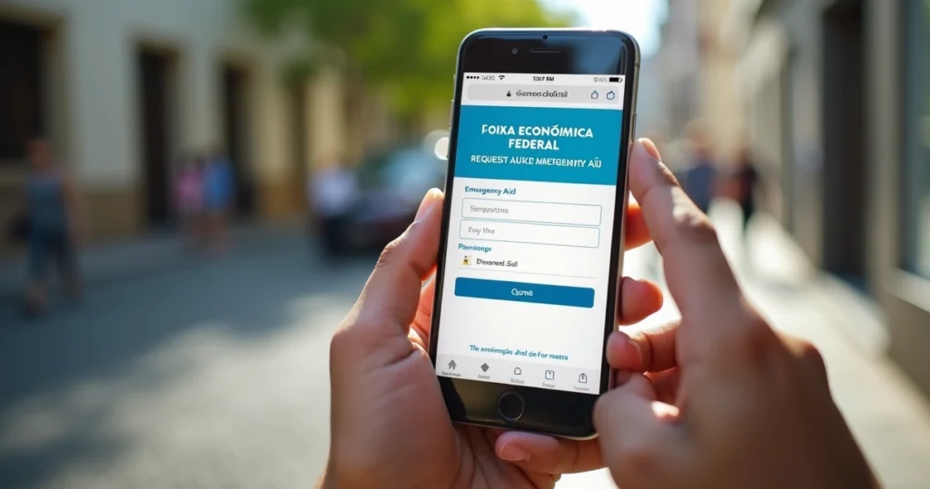 Pessoa segurando celular mostrando o site da Caixa para solicitar benefício emergencial