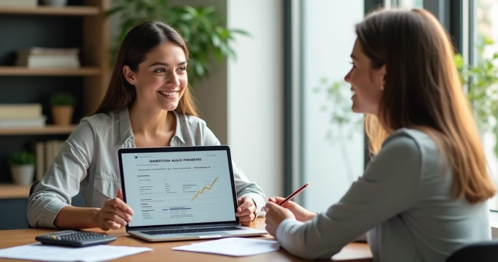 Mãe falando com consultora em escritório moderno sobre auxílio estadual