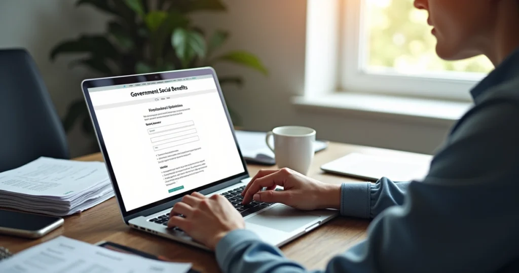 Pessoa usando computador para consulta online de benefício social