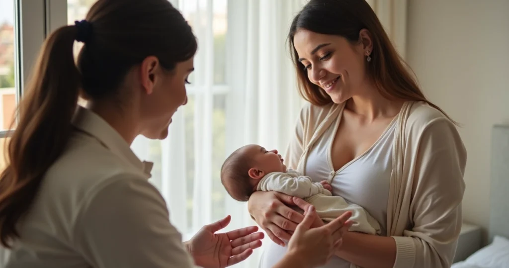 Consultora explicando auxílio maternidade para mãe com bebê no colo, ambiente claro e confortável