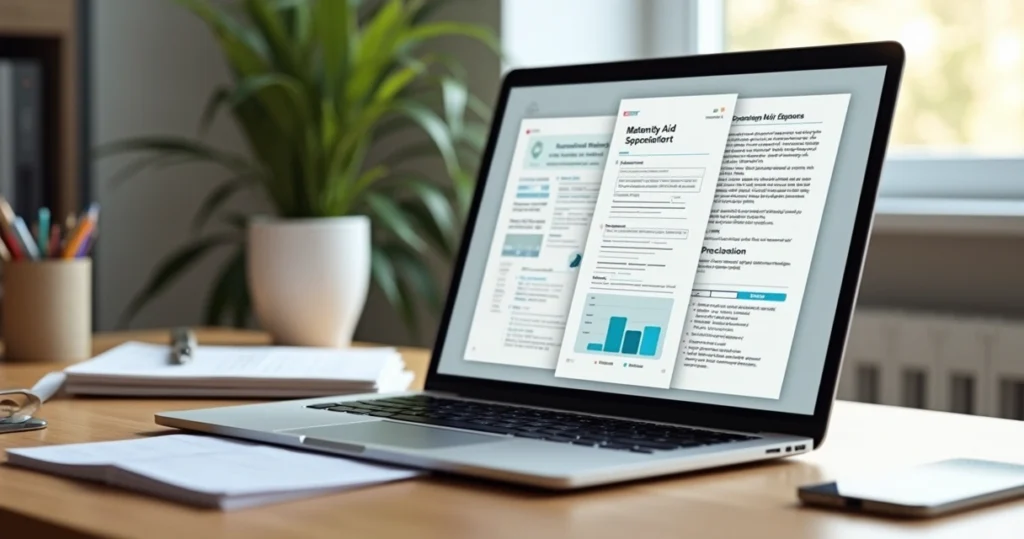 Mesa de trabalho com laptop aberto exibindo formulários digitais, documentos digitalizados, e smartphone ao lado com app de auxílio maternidade, ambiente iluminado e moderno