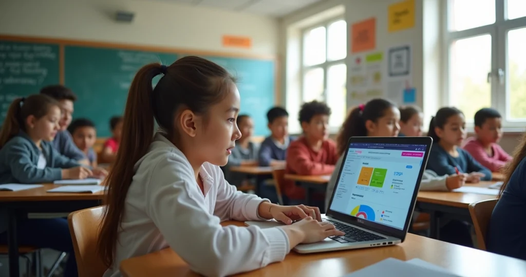 Estudantes sentados em sala de aula com computador mostrando poupança digital na tela