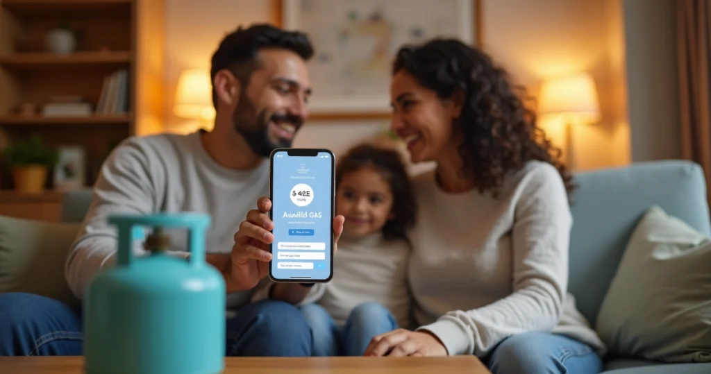 Família recebendo auxílio gás no celular em casa