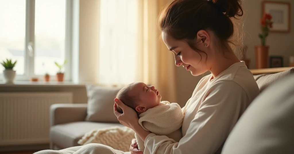 Mãe segurando seu bebê nos braços em um ambiente doméstico acolhedor, com expressão serena e roupas casuais claras