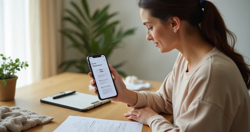 Mãe segurando celular para acessar aplicativo Meu INSS em ambiente doméstico iluminado