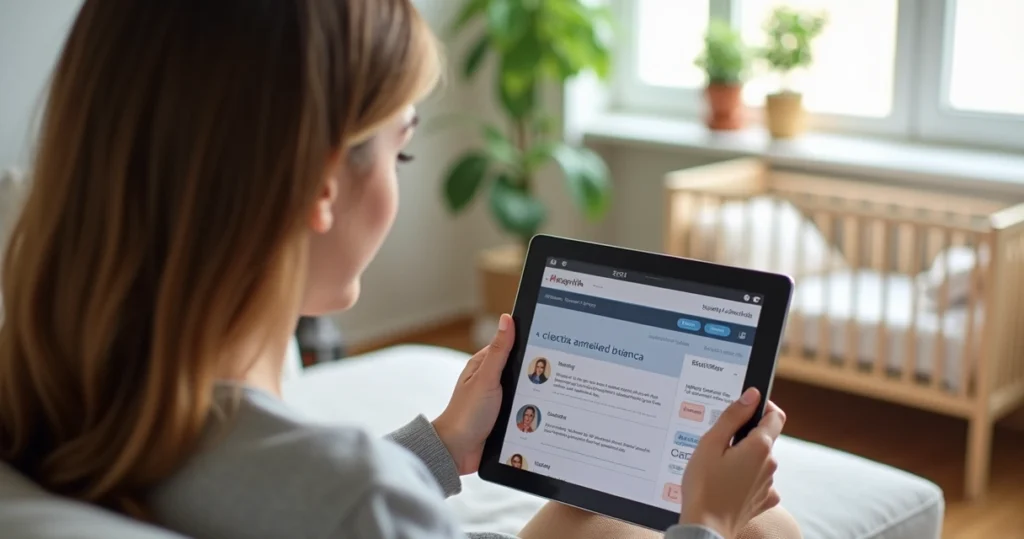 Mãe consultando informações sobre auxílio maternidade em tablet no ambiente de casa