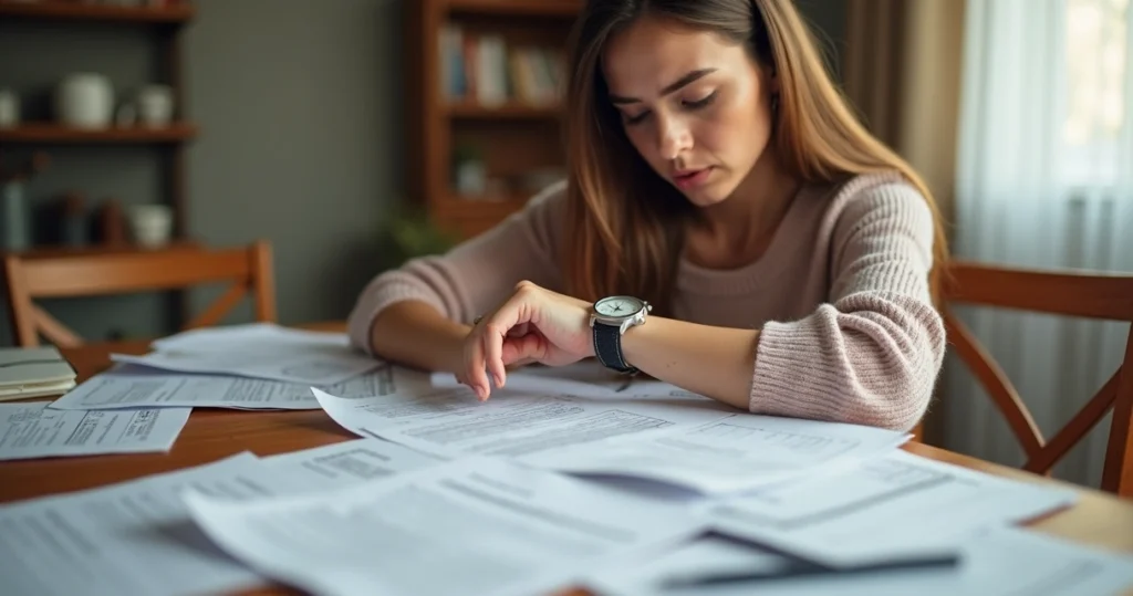 Mãe segurando documentos e olhando para o relógio, cenário doméstico com papéis espalhados na mesa