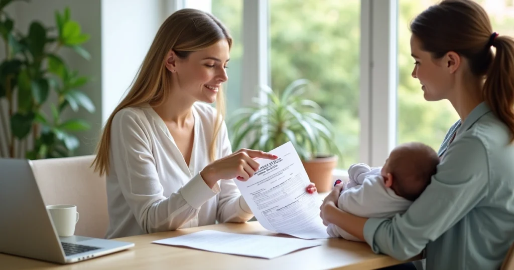 Consultora explicando documentos para licença maternidade a uma mãe com bebê no colo