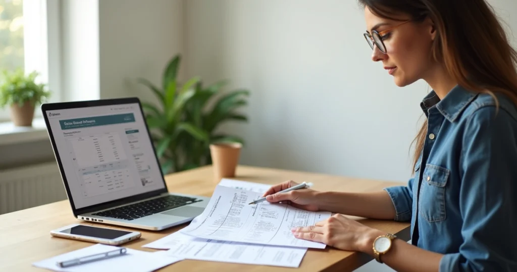 Mulher autônoma analisando documentos financeiros em mesa clara