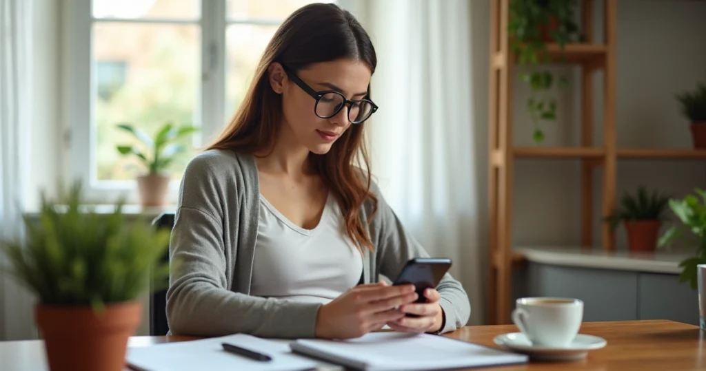 Mulher desempregada gestante consultando benefícios no celular em ambiente domiciliar organizado