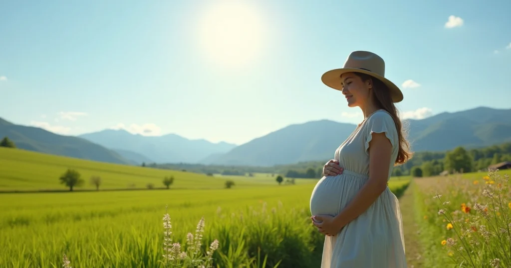 Mulher rural grávida caminhando em um campo verde sob céu azul com montanhas ao fundo